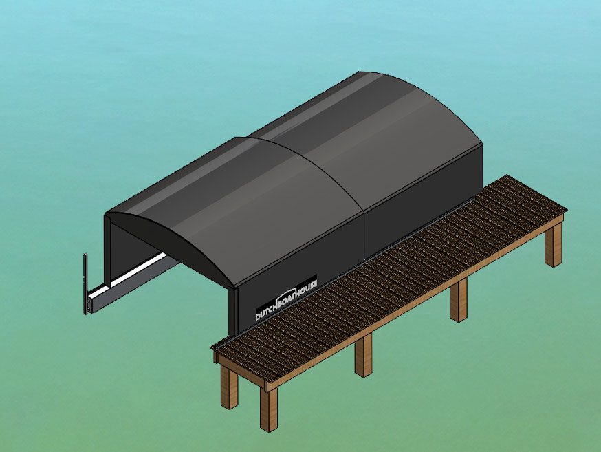 Drawing of a boat shelter with shore-float system alongside a jetty