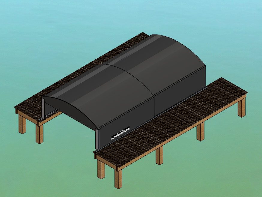 Drawing of a boat shelter with shore-shore system between two jetties